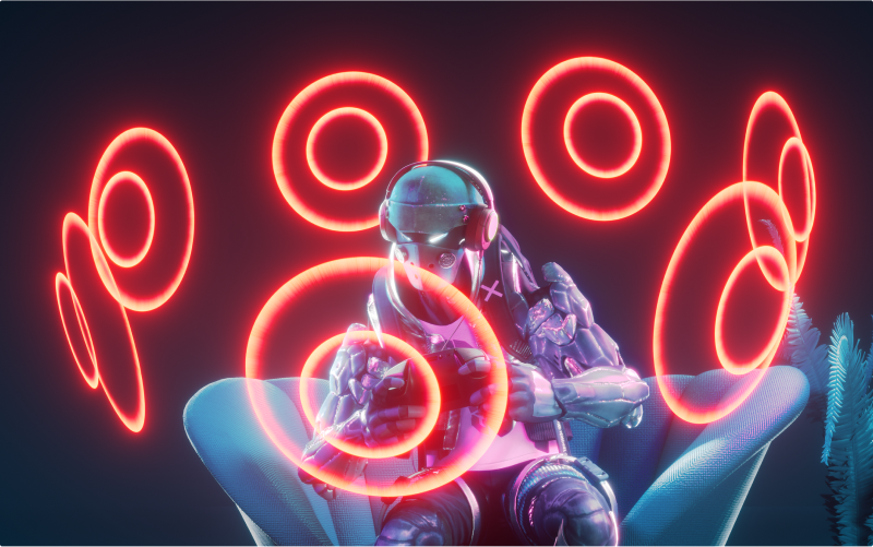 A character wearing an Arctis Nova headset with abstract orbs hovering around them to illustrate spatial audio.