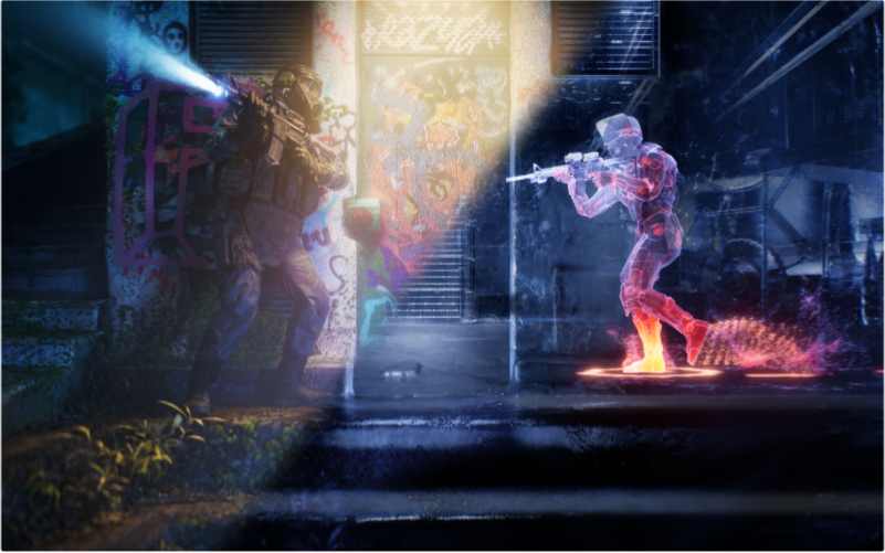 An abstract x-ray image showing a scene where a fighter sneaks up on their opponent.